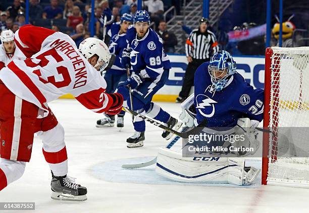 Ben Bishop of the Tampa Bay Lightning makes a save on a shot by Alexei Marchenko of the Detroit Red Wings during the first period at the Amalie Arena...