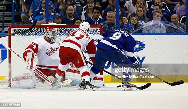 Petr Mrazek of the Detroit Red Wings makes a save on Tyler Johnson of the Tampa Bay Lightning as he's checked by Luke Glendening of the Detroit Red...