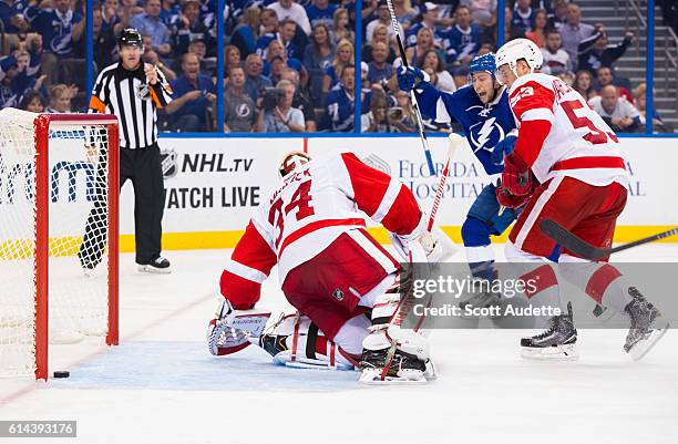 Tyler Johnson of the Tampa Bay Lightning celebrates his goal against goalie Petr Mrazek and Alexey Marchenko of the Detroit Red Wings during the...