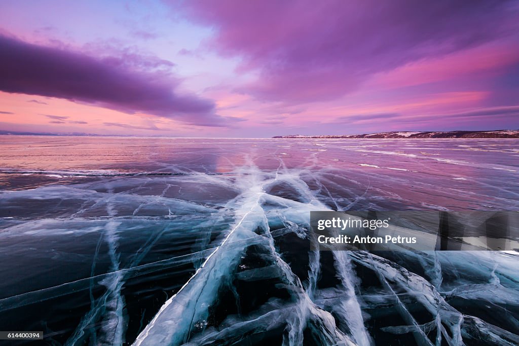 Sunset on the ice of Lake Baikal