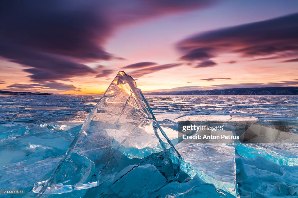 Sunset on the ice of Lake Baikal