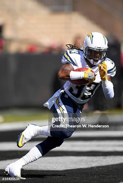 Dexter McCluster of the San Diego Chargers warms up during pregame warm ups prior to playing the Oakland Raiders in an NFL football game at...