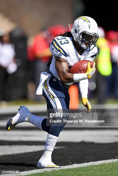 Dexter McCluster of the San Diego Chargers warms up during pregame warm ups prior to playing the Oakland Raiders in an NFL football game at...