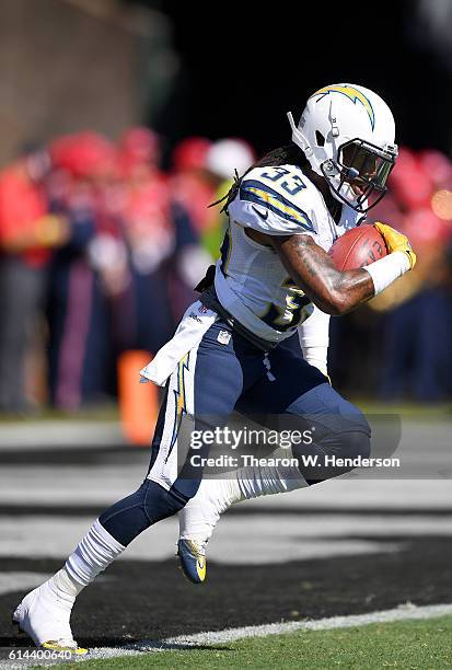 Dexter McCluster of the San Diego Chargers warms up during pregame warm ups prior to playing the Oakland Raiders in an NFL football game at...