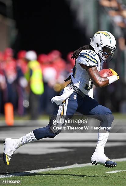 Dexter McCluster of the San Diego Chargers warms up during pregame warm ups prior to playing the Oakland Raiders in an NFL football game at...