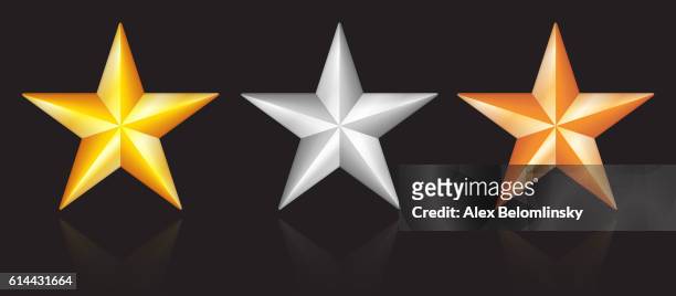 shiny metallic star designs in gold silver bronze on black - bronce stock illustrations