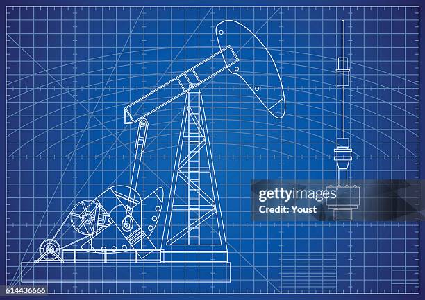 ölpumpe jack blaupause. öl- und gasproduktionsanlagen - geologie stock-grafiken, -clipart, -cartoons und -symbole