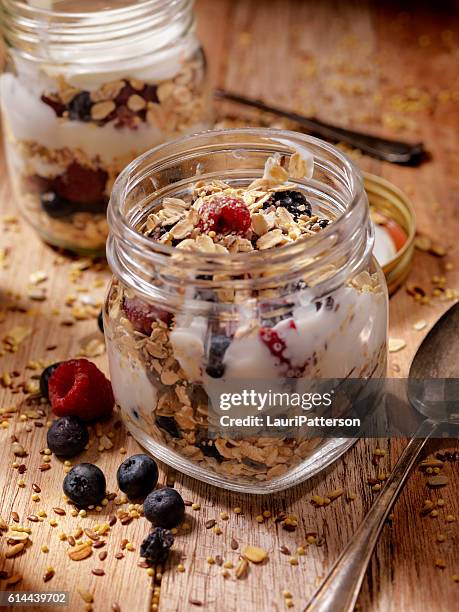 yogurt parfait with fresh fruit - yoghurt lid stock pictures, royalty-free photos & images