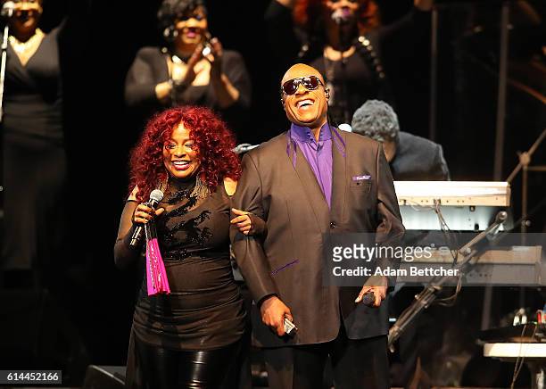 Stevie Wonder and Chaka Khan perform during the "Official Prince Tribute-A Celebration of Life and Music" concert at Xcel Energy Center on October...