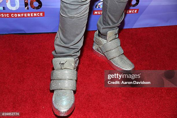 Kent Jones, shoe detail, attends the Kick-Off Revolt Music Conference hosted by Sean Diddy Combs and DJ Khaled at Eden Roc, a Renaissance Beach...