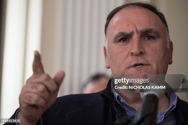 Spanish chef Jose Andres speaks after being awarded two stars for his Washington, DC, restaurant Mini Bar during the launch of the first Michelin Red...