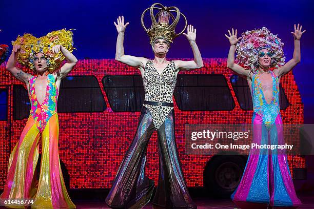 Tick played by Bryan Buscher-West, Bernadette played by Simon Green and Adam played by Andre Torquato during a preview of Priscilla - Queen of the...