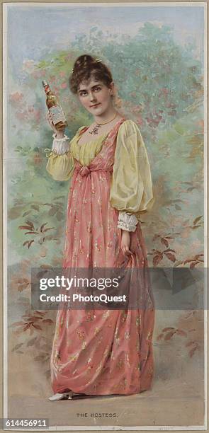 An advertisement for the Anheuser-Busch Brewing Company, entitled 'The Hostess,' features an illustration of a young woman as she holds a bottle of...