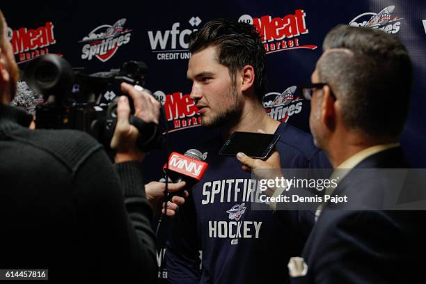 Forward Logan Brown of the Windsor Spitfires speaks to the press after a 7-2 win against the Flint Firebirds on October 13, 2016 at the WFCU Centre...