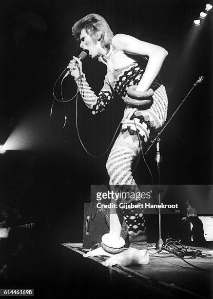 David Bowie performs on stage on the Ziggy Stardust tour, Earls Court Arena, London, 12th May 1973.