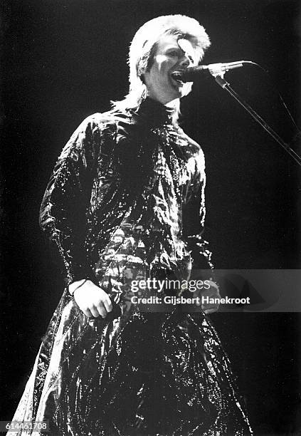 David Bowie performs on stage on the Ziggy Stardust tour, Earls Court Arena, London, 12th May 1973.