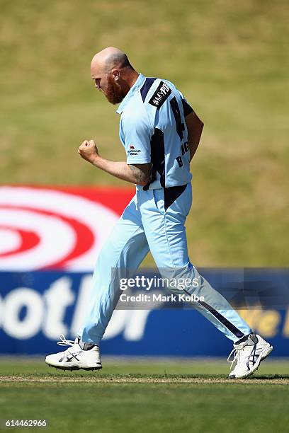 Doug Bollinger of the Blues celebrates taking the wicket of Joe Burns of the Bulls during the Matador BBQs One Day Cup match between Queensland and...