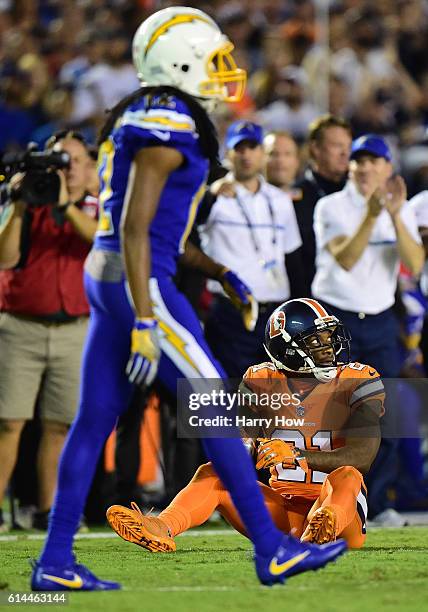 Aqib Talib of the Denver Broncos reacts to his pass interference on Travis Benjamin of the San Diego Chargers during the third quarter of a 21-13...