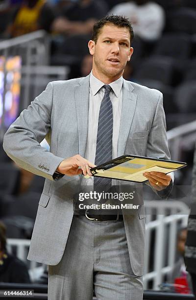 Head coach Luke Walton of the Los Angeles Lakers looks on during a preseason game against the Sacramento Kings at T-Mobile Arena on October 13, 2016...