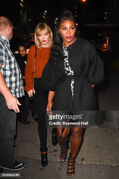 Singer Taylor Swift, Serena Williams and Karlie Kloss are seen outside "Bowery Ballroom" in Soho on October 13, 2016 in New York City.