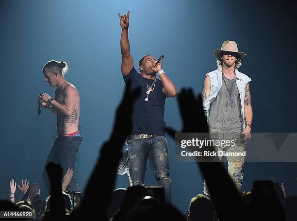 Singer/Songwriter Nelly joins Tyler Hubbard and Brian Kelley of Florida Georgia Line at their Dig Your Roots 2016 Tour at Bridgestone Arena on...