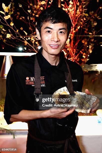 Chef MJ Chung poses with his Korean Fried Chicken at Chicken Coupe hosted by Whoopi Goldberg and Andrew Carmellini at The William Vale on October 13,...