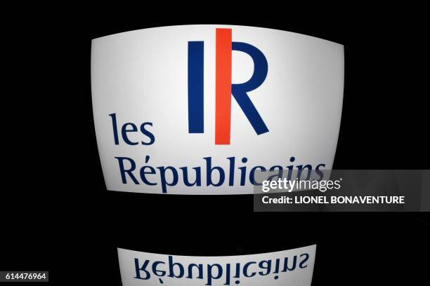 The logo of French right-wing party The Republicans is displayed on a tablet screen in Paris on October 13, 2016.