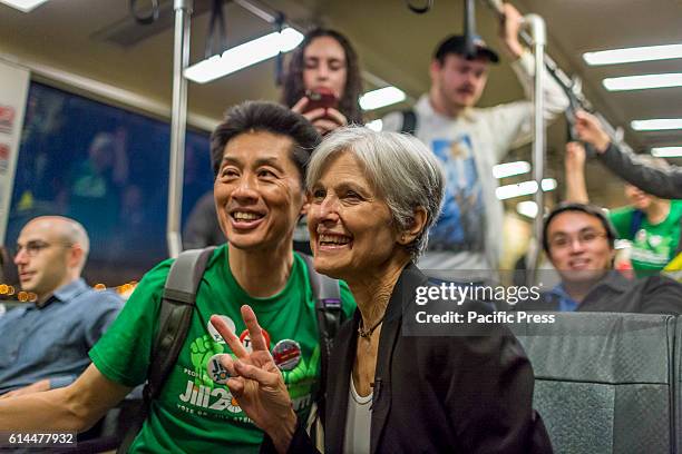 Green party presidential candidate Jill Stein rides the Bart from Oakland to San Fransisco during her swing in California.