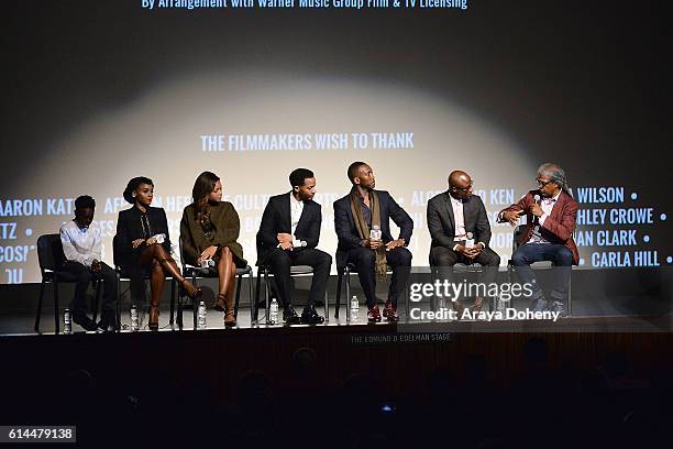 Alex Hibbert, Janelle Monae, Naomie Harris, Andre Holland, Mahershala Ali, Barry Jenkins and Elvis Mitchell attend the Film Independent at LACMA...