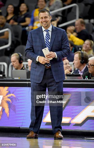 Head coach David Joerger of the Sacramento Kings smiles during a preseason game against the Los Angeles Lakers at T-Mobile Arena on October 13, 2016...