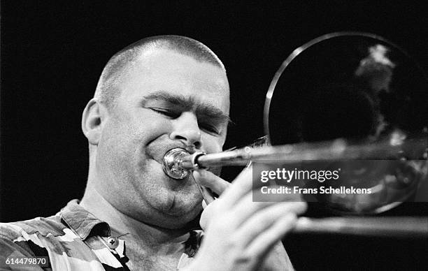 Wolter Wierbos, trombone, performs with Sunchild on January 13th 1994 at the BIM huis in Amsterdam, Netherlands