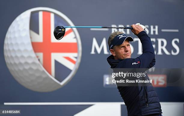 Luke Donald of England hits his tee shot on the 15th hole during the second round of the British Masters at The Grove on October 14, 2016 in Watford,...