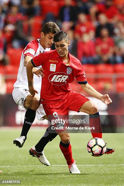 Sergio Guardiola of Adelaide United wins the ball during the round two A-League match between Adelaide United and the Western Sydney Wanderers at...