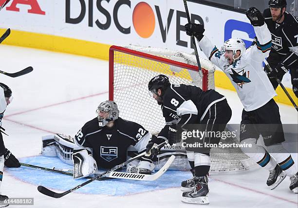 San Jose Sharks Winger Melker Karlsson [10066] celebrates after San Jose Sharks Left Wing Joonas Donskoi [7845] scored their fourth goal of the game...