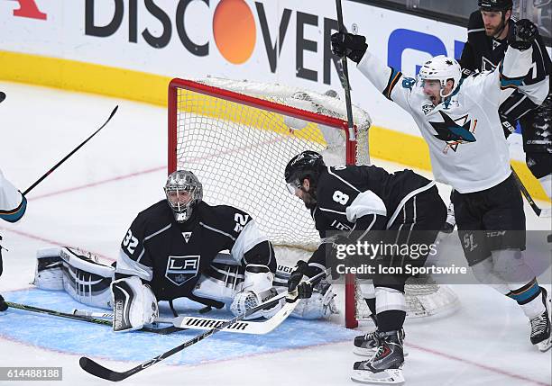 San Jose Sharks Winger Melker Karlsson [10066] celebrates after San Jose Sharks Left Wing Joonas Donskoi [7845] scored their fourth goal of the game...