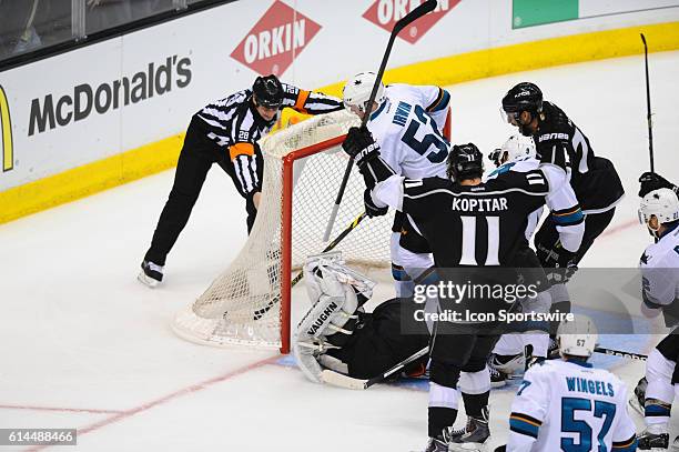 Sharks Matt Irwin accidentally bumps the puck in for a Kings goal by Kings Justin Williams during game 6 of the first round of the Stanley Cup...