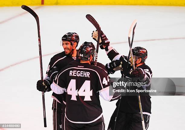 The Kings celebrate a goal during game 6 of the first round of the Stanley Cup Playoffs between the San Jose Sharks and the Los Angeles Kings at the...