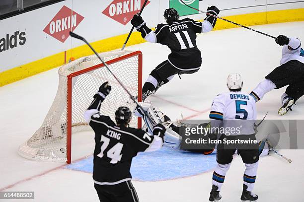 Kings Dwight King and Kings Anze Kopitar "A" celebrate a goal during game 6 of the first round of the Stanley Cup Playoffs between the San Jose...