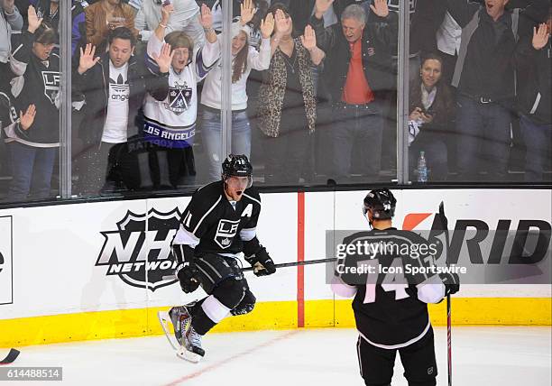 Kings Anze Kopitar "A" and Kings Dwight King celebrate a goal during game 6 of the first round of the Stanley Cup Playoffs between the San Jose...