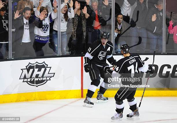 Kings Anze Kopitar "A" and Kings Dwight King celebrate a goal during game 6 of the first round of the Stanley Cup Playoffs between the San Jose...