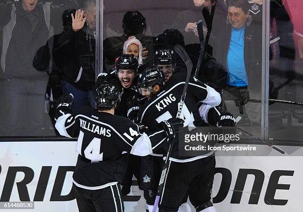 The Kings celebrate a goal during game 6 of the first round of the Stanley Cup Playoffs between the San Jose Sharks and the Los Angeles Kings at the...