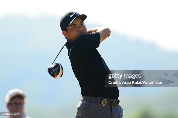 Miguel Tabuena of Philippines plays a shot during round two of the 2016 Venetian Macao Open at Macau Golf and Country Club on October 14, 2016 in...