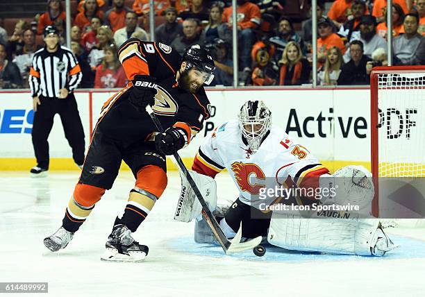 Calgary Flames Goalie Karri Ramo [4761] makes a save on a shot by Anaheim Ducks Left Wing Patrick Maroon during game 5 of round 2 of the Stanley Cup...
