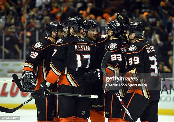 The Ducks celebrate scoring their first goal of the game in the second period during game 5 of round 2 of the Stanley Cup Playoffs between the...