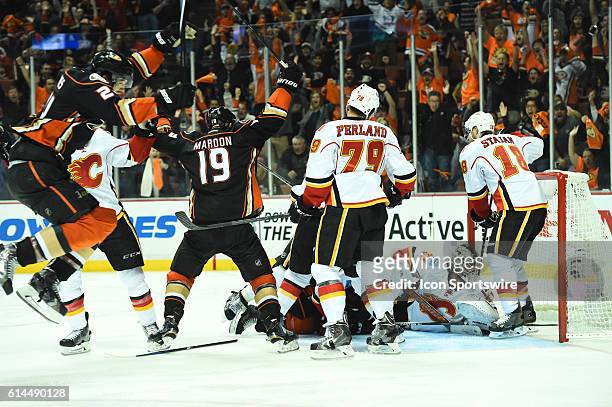 The Ducks celebrate the game winning overtime goal by Anaheim Ducks Right Wing Corey Perry [2809] during game 5 of round 2 of the Stanley Cup...