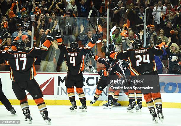 The Ducks celebrate the game winning overtime goal by Anaheim Ducks Right Wing Corey Perry [2809] during game 5 of round 2 of the Stanley Cup...