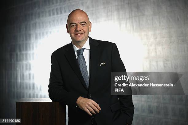 President Gianni Infantino poses during a Portrait session at the FIFA headquaters on October 14, 2016 in Zurich, Switzerland.