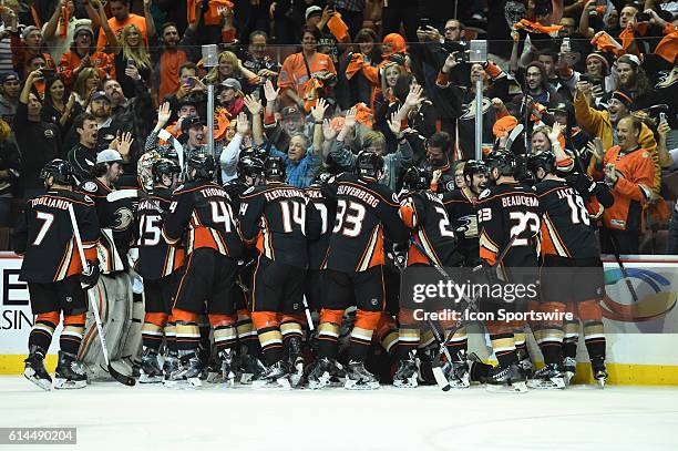 The Ducks celebrate the game winning overtime goal by Anaheim Ducks Right Wing Corey Perry [2809] during game 5 of round 2 of the Stanley Cup...