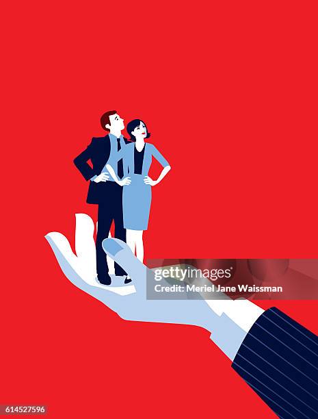 giant businessman's hand holding tiny businesswoman and man - bonding stock illustrations