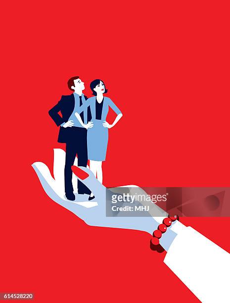 giant businesswoman's hand holding tiny businesswoman and man - looking up stock illustrations